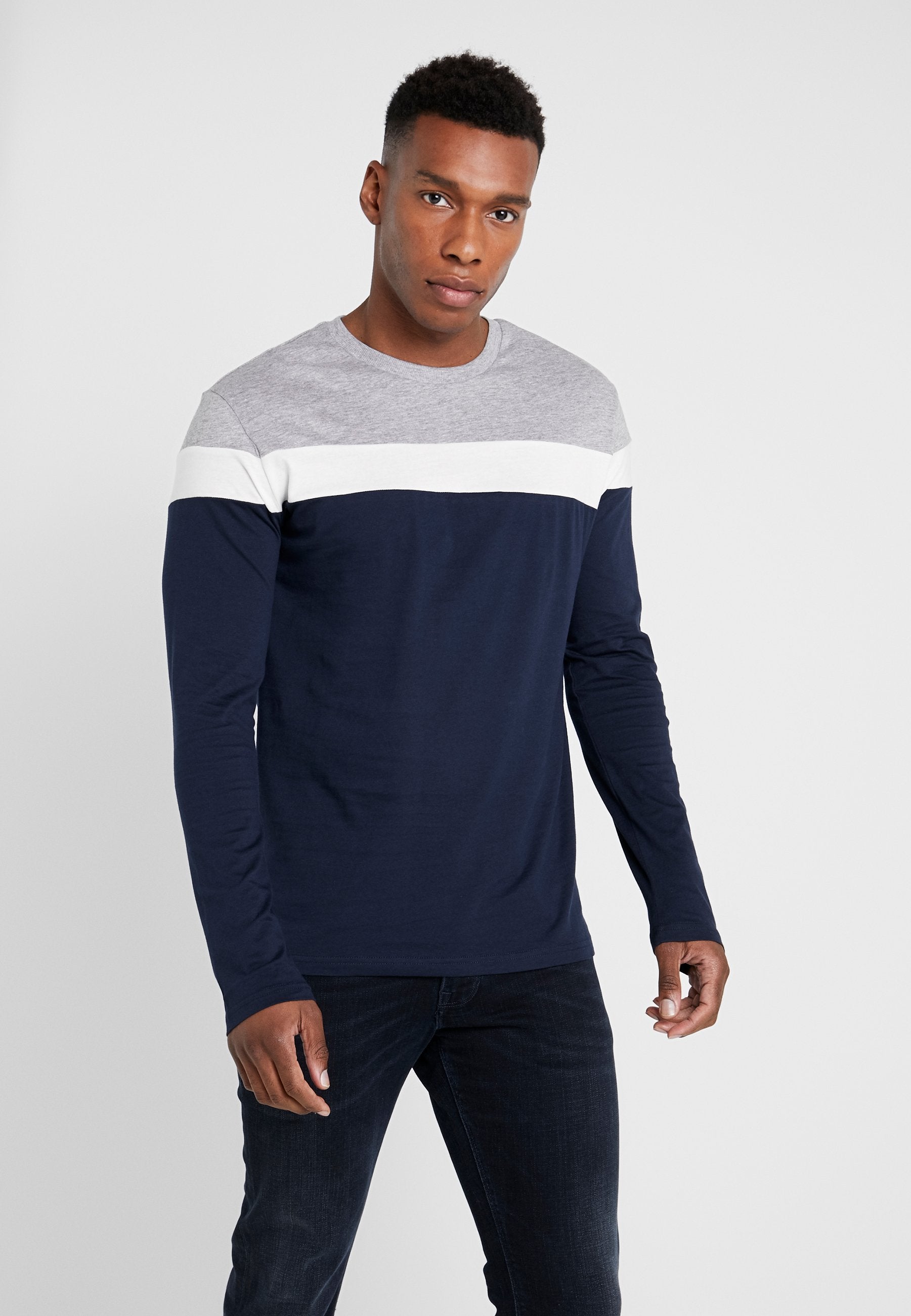 LONG SLEEVED COLOUR BLOCK TOP - T-shirt à manches longues - grey/dark blue